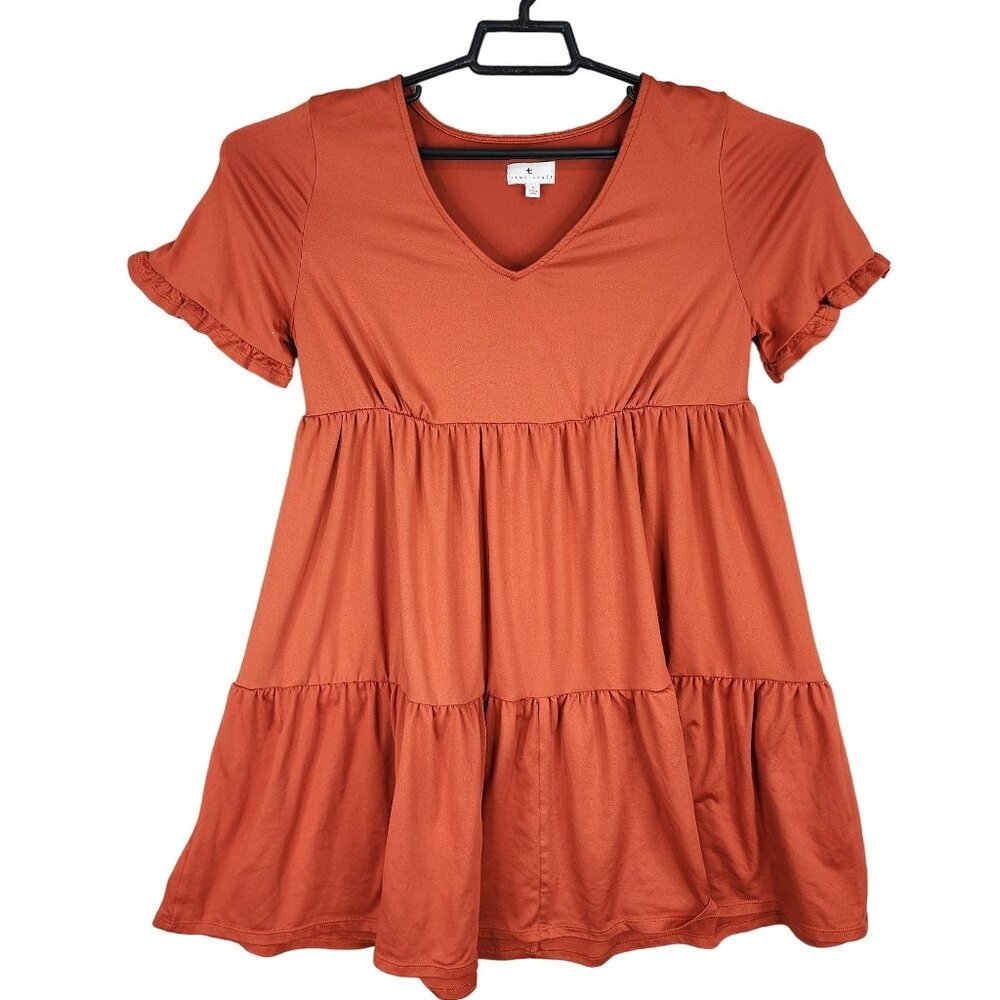 Womens True Craft Rust Orange Ruffled Sleeve Tiered Dress V Neck Size S